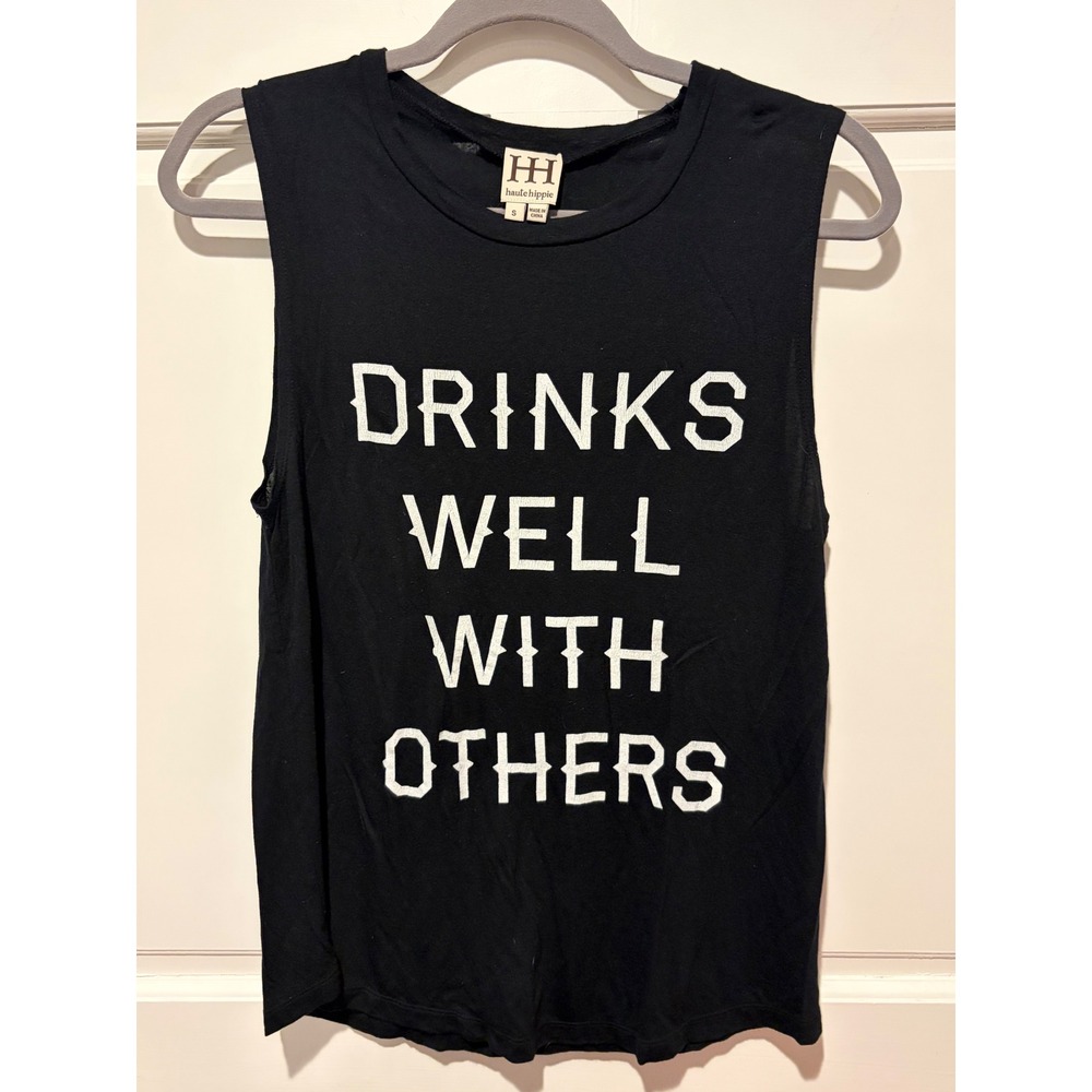 Haute Hippie Drinks Well With Others Graphic Muscle Tank Top Black HHSU14-2205 S